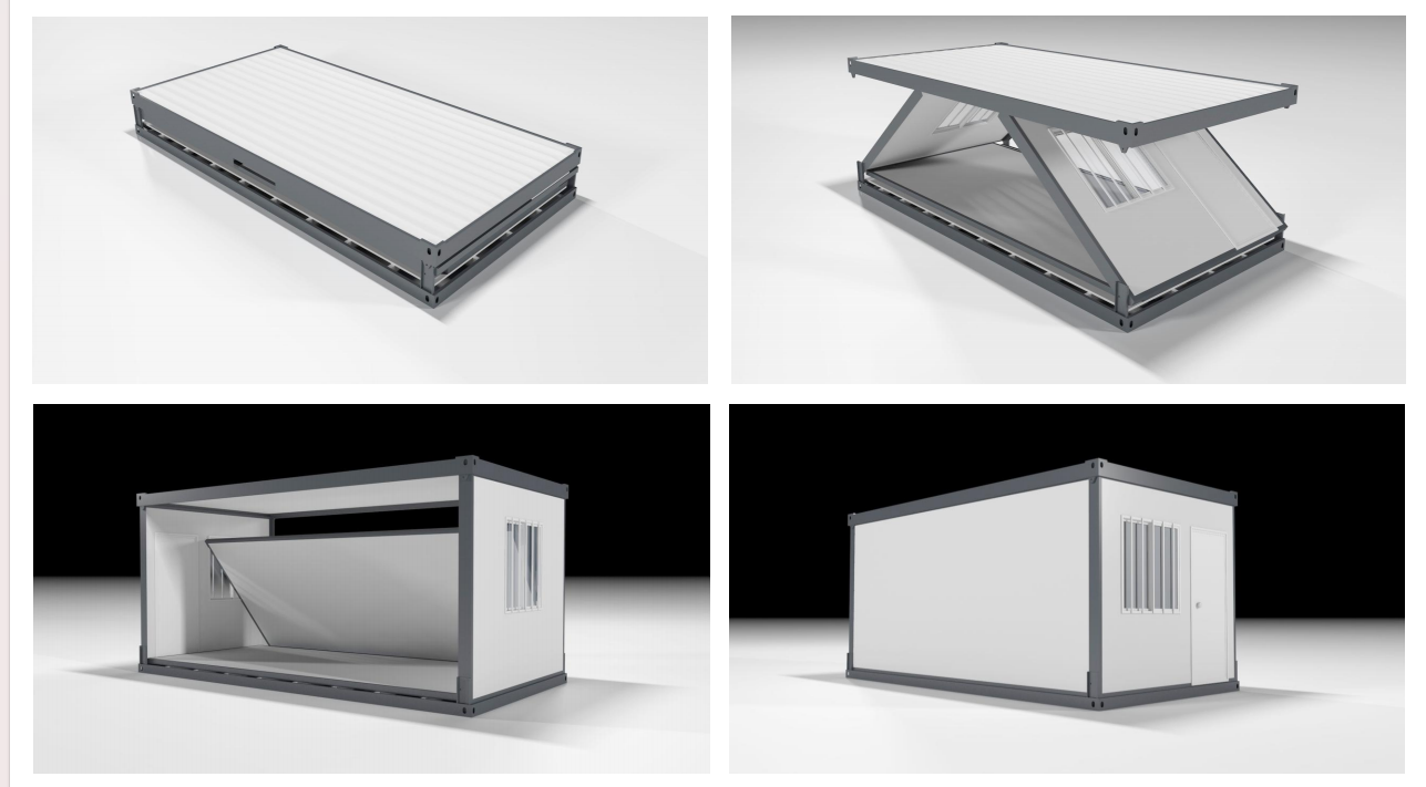Four stages of the Z-Type Folding Container House opening from a folded pack to a finished unit